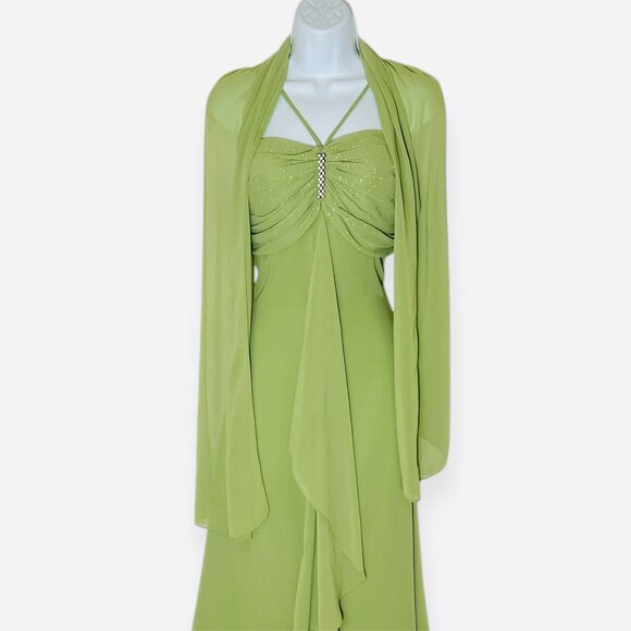 EUREKA Women Prom Dress Spaghetti Straps High Low LG Green with Scarf Polyester - Picture 2 of 8